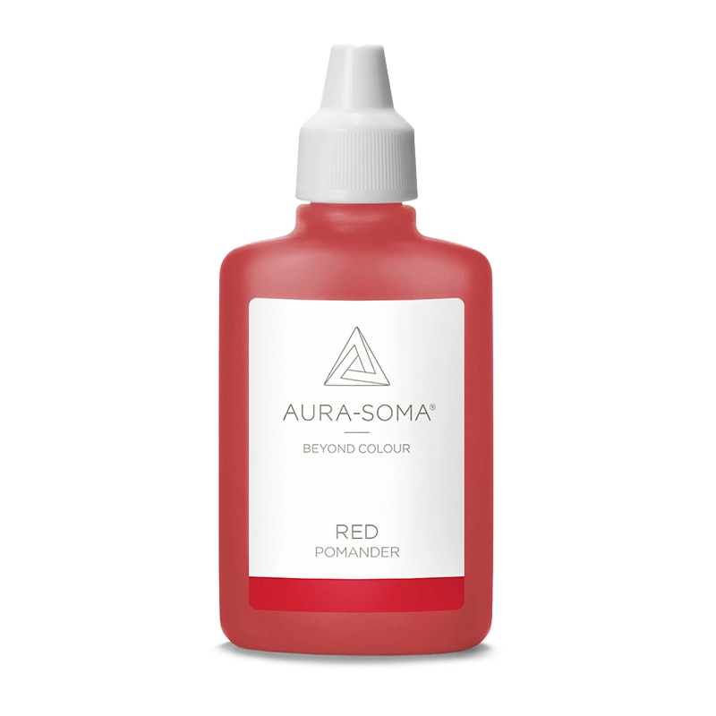 Aura-Soma Pomander Red Aura-Soma Pomander red – handliche Kunststoffflasche mit rotfarbener Flüssigkeit und weißem Etikett mit Aura-Soma-Logo.