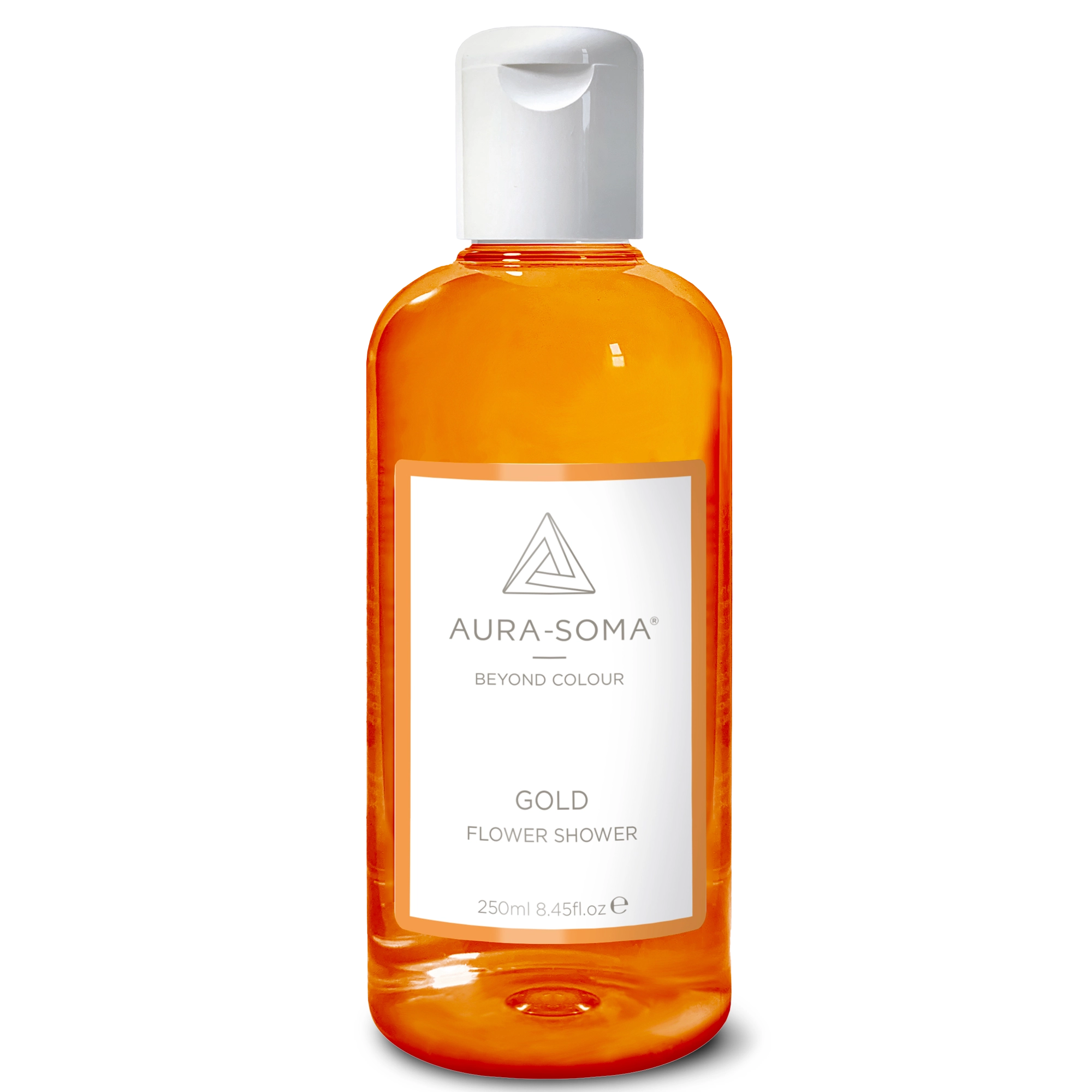 Aura-Soma Duschbad Gold Durchsichtige Kunststoffflasche mit weißem Klappverschluss. Enthält goldfarbenes Aura-Soma Duschgel zur energetischen Reinigung und Pflege.
