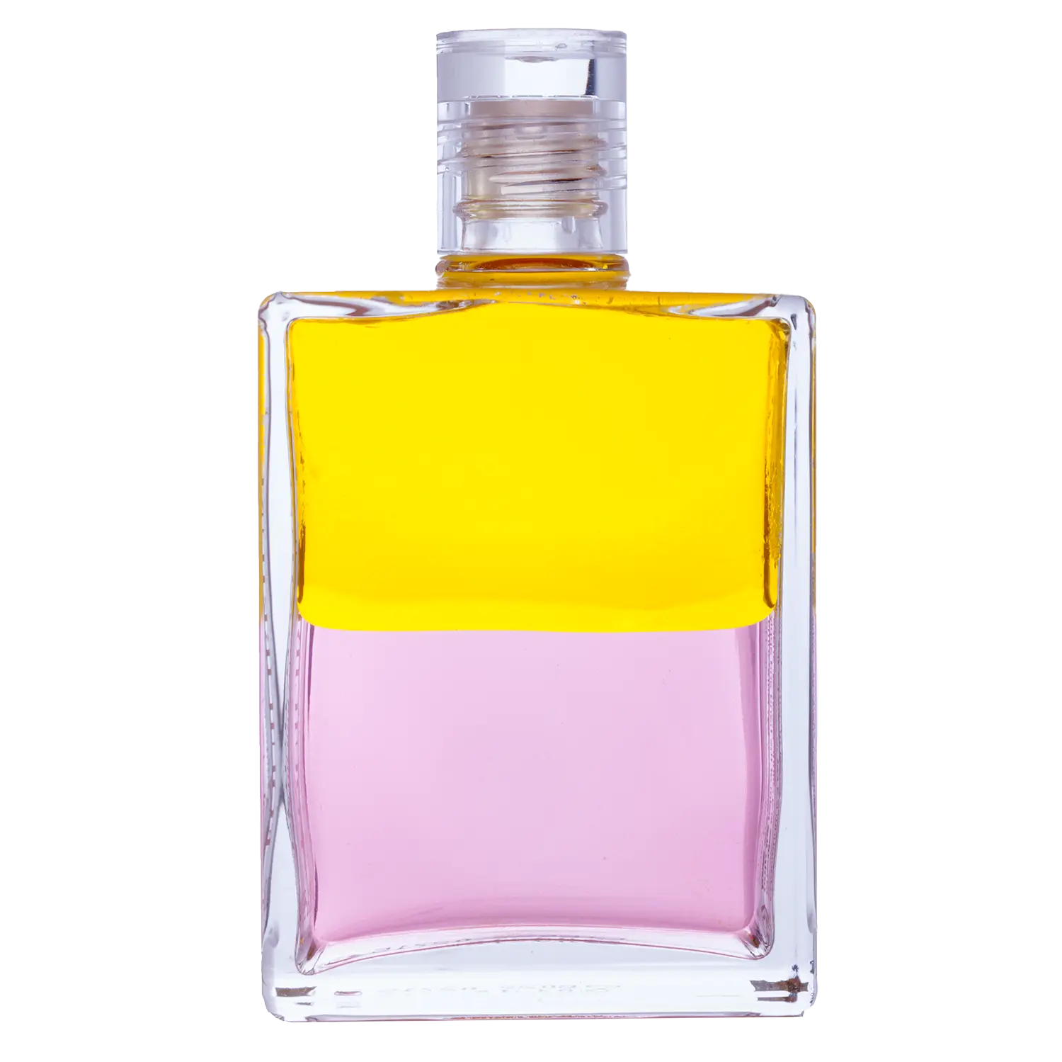 Aura-Soma Equilibrium Flasche B22 Name der Flasche: Der Rebirther: Gelb über Rosa: Eine zweischichtige Glasflasche mit klarem Deckel.
