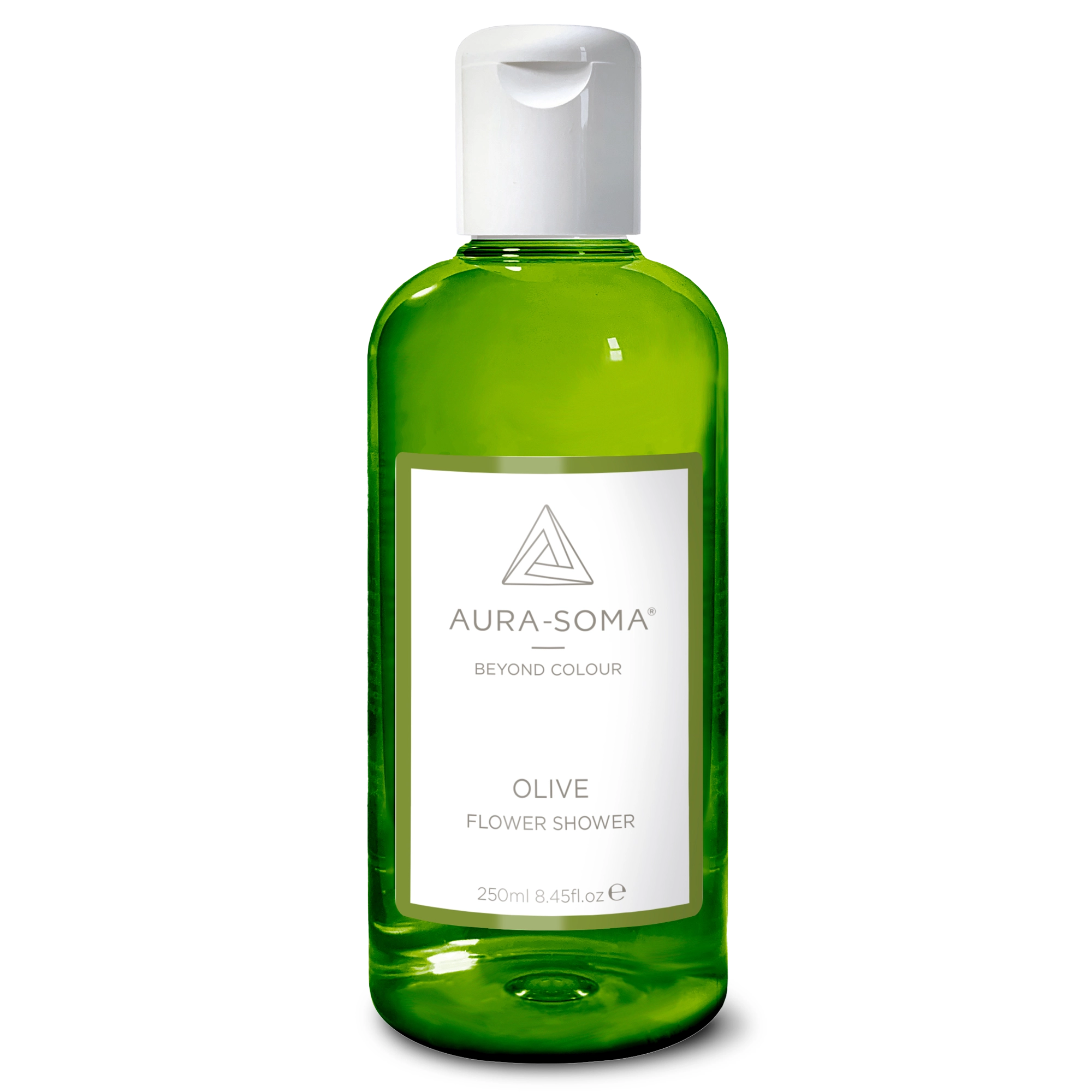 Aura-Soma Duschbad Olive Durchsichtige Kunststoffflasche mit weißem Klappverschluss. Enthält olivfarbenes Aura-Soma Duschgel zur energetischen Reinigung und Pflege.