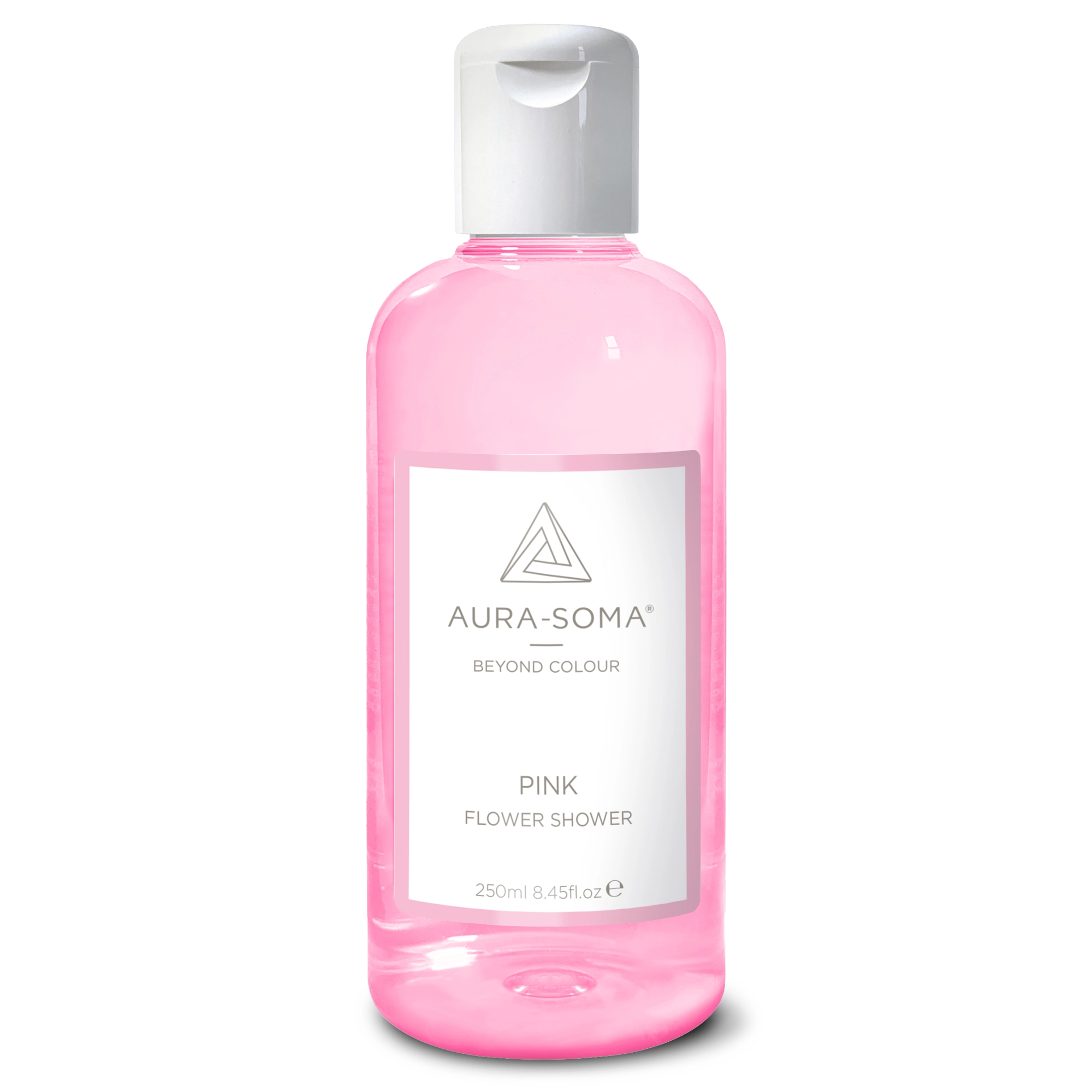 Aura-Soma Duschbad Pink Durchsichtige Kunststoffflasche mit weißem Klappverschluss. Enthält rosafarbenes Aura-Soma Duschgel zur energetischen Reinigung und Pflege.