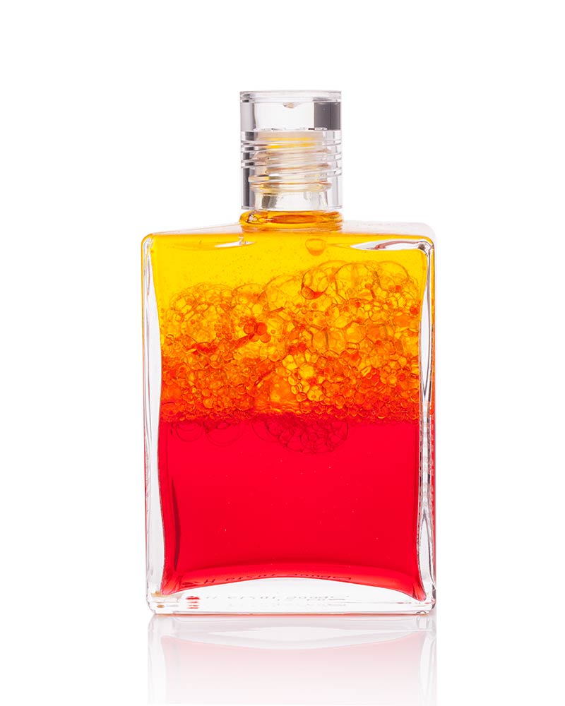 Aura-Soma Equilibriumflasche B05 Aura-Soma Equilibrium Flasche B005 Sonnenaufgangs- und Sonnenuntergangsflasche: Gelb über Rot. Eine zweischichtige Glasflasche mit klarem Deckel. verschüttelt