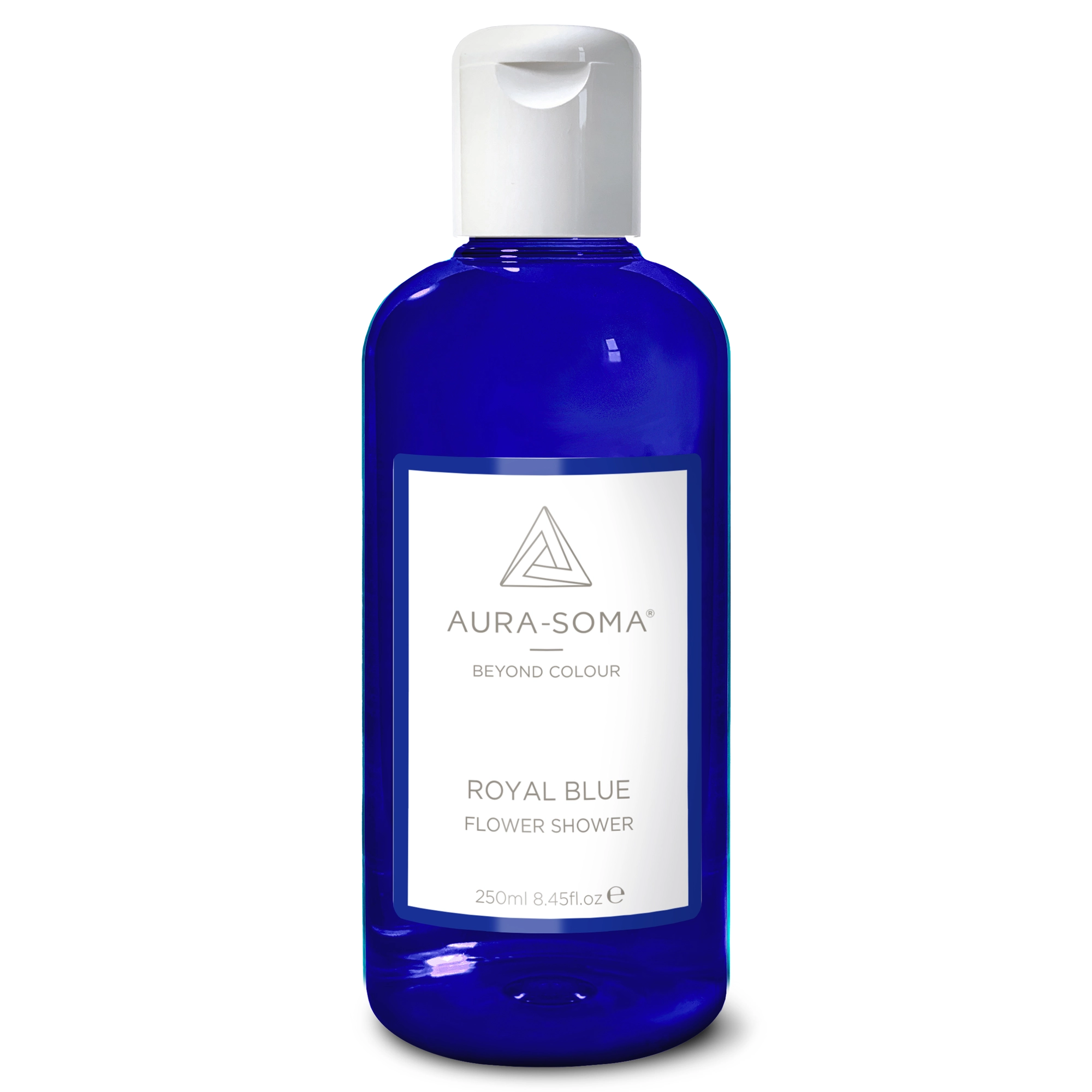Aura-Soma Duschbad Royal Blue Durchsichtige Kunststoffflasche mit weißem Klappverschluss. Enthält Königsblaues Aura-Soma Duschgel zur energetischen Reinigung und Pflege.